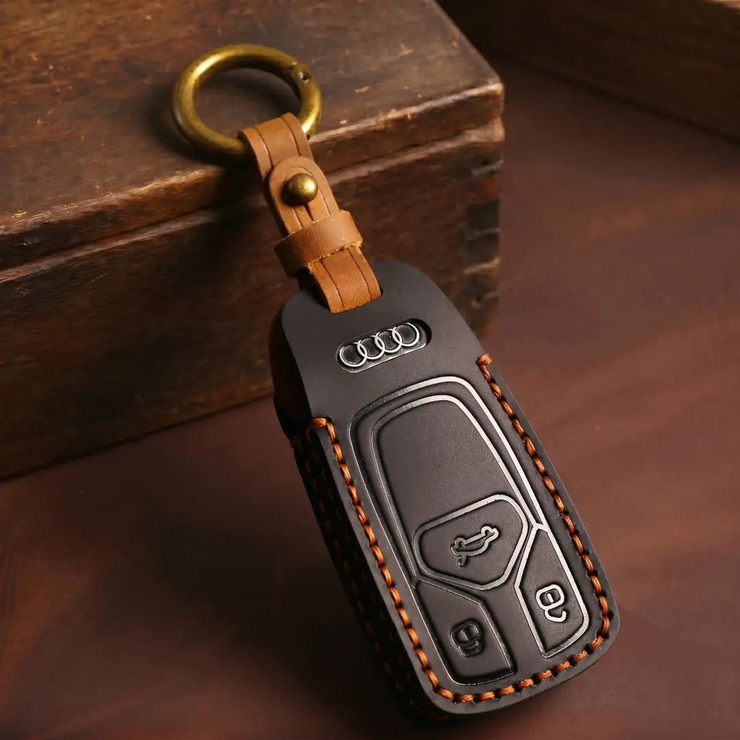 Audi Hand-Crafted Leather Key Fob Cover – Geometric 3-Button Smart Fob