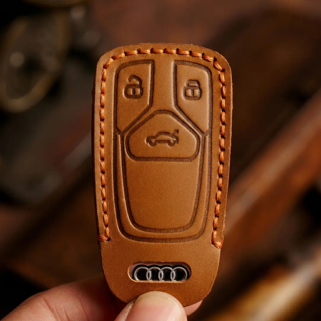 Audi Hand-Crafted Leather Key Fob Cover – Geometric 3-Button Smart Fob