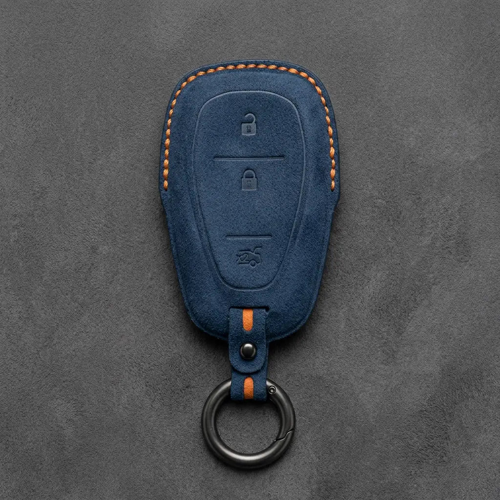 Chevrolet Hand-Stitched Alcantara Key Fob Cover – Chrome Shield 3-Button Tailgate