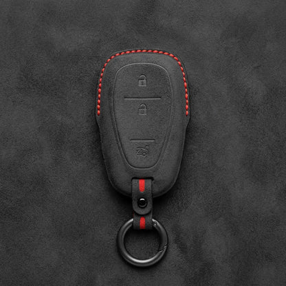 Chevrolet Hand-Stitched Alcantara Key Fob Cover – Chrome Shield 3-Button Tailgate