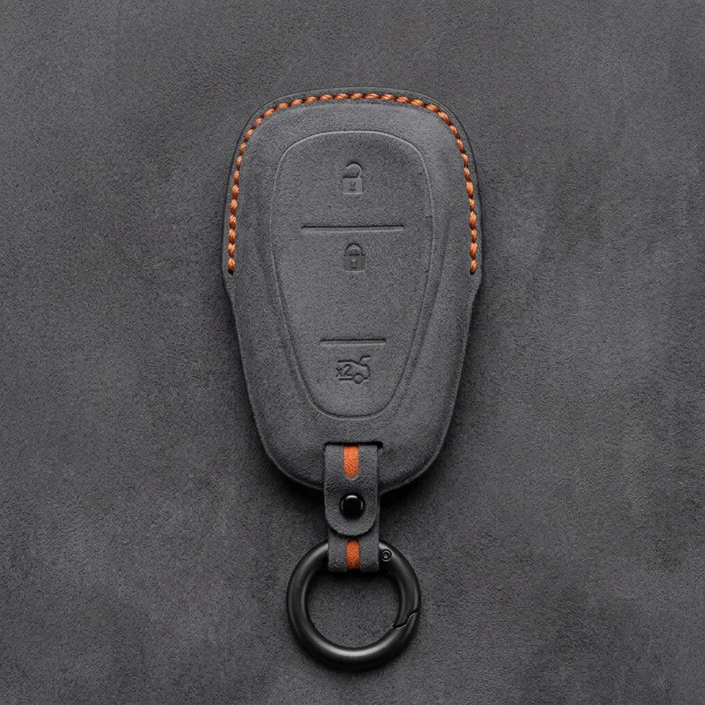 Chevrolet Hand-Stitched Alcantara Key Fob Cover – Chrome Shield 3-Button Tailgate