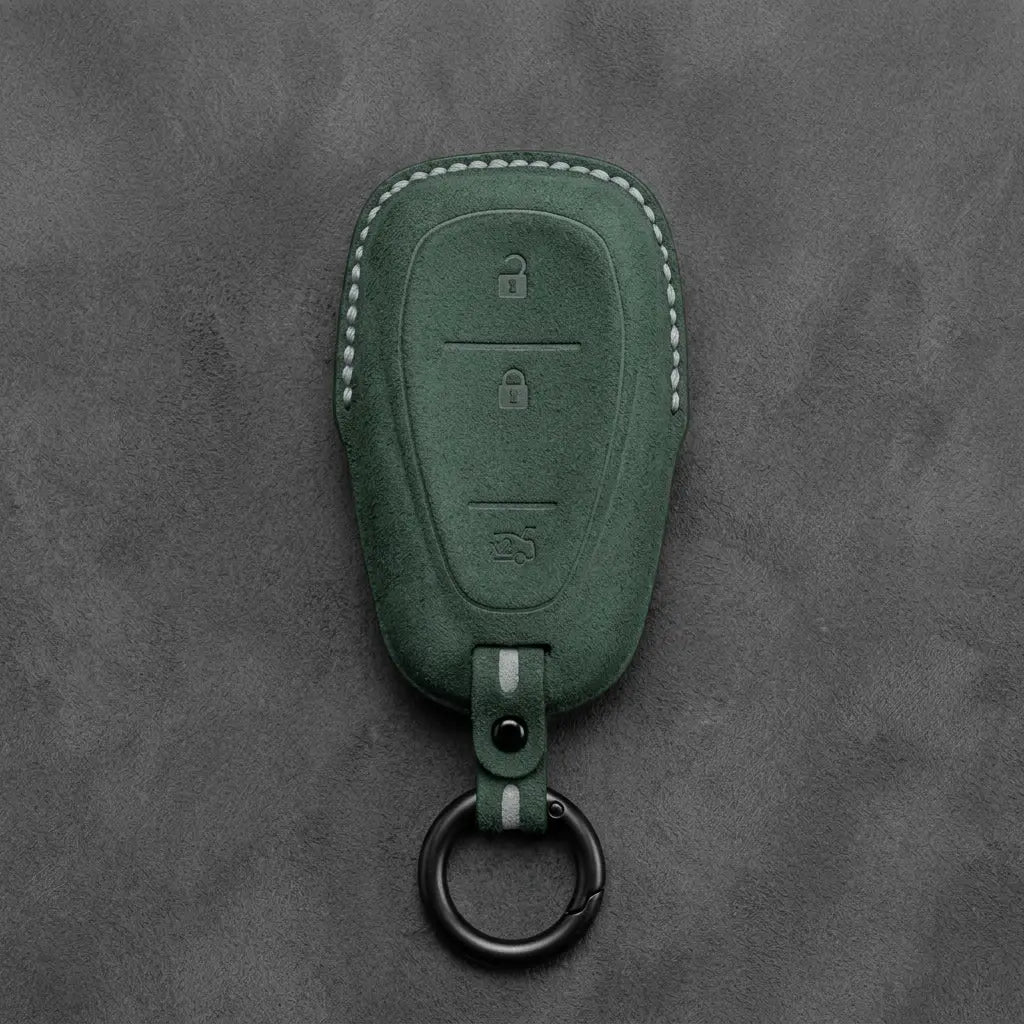 Chevrolet Hand-Stitched Alcantara Key Fob Cover – Chrome Shield 3-Button Tailgate