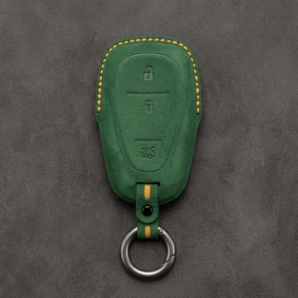 Chevrolet Hand-Stitched Alcantara Key Fob Cover – Chrome Shield 3-Button Tailgate