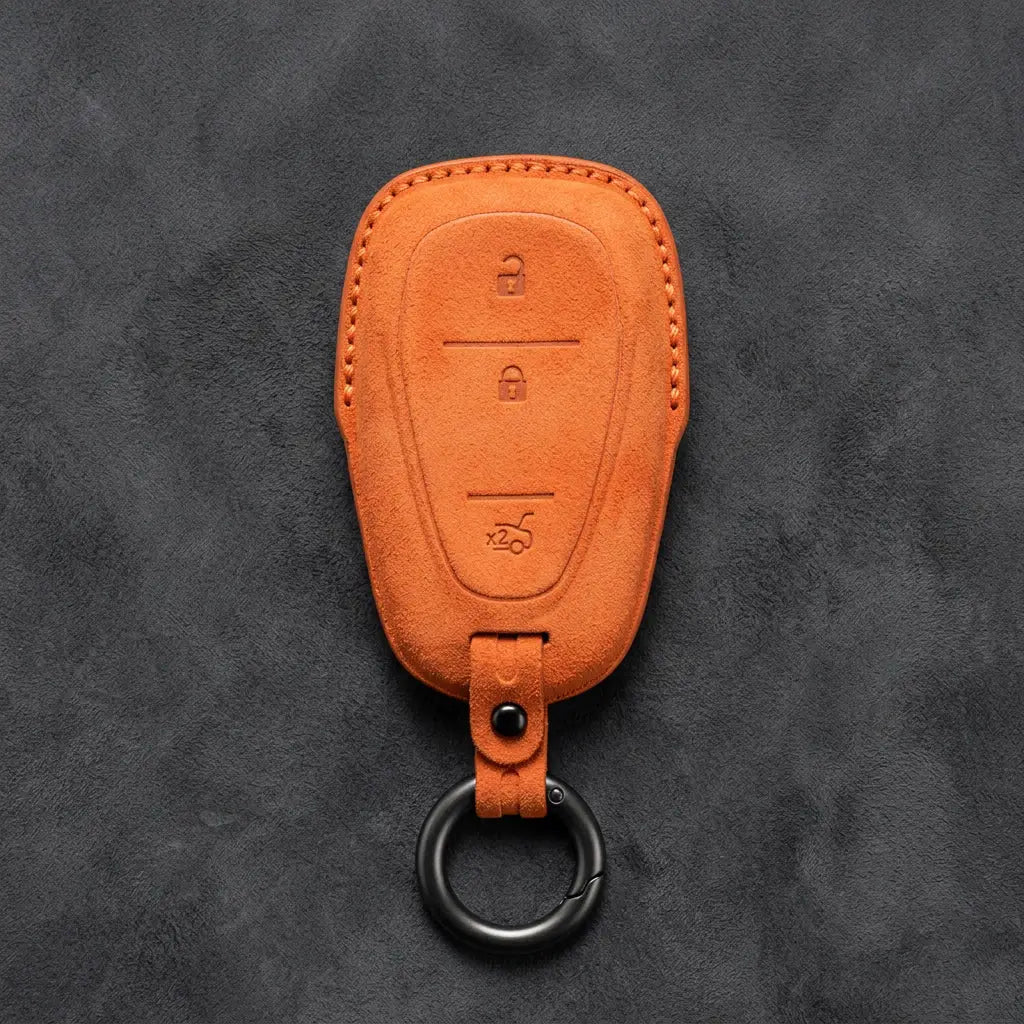 Chevrolet Hand-Stitched Alcantara Key Fob Cover – Chrome Shield 3-Button Tailgate