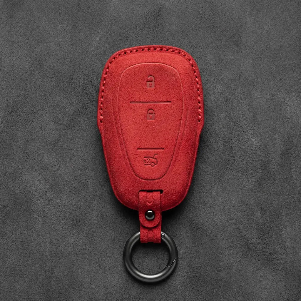 Chevrolet Hand-Stitched Alcantara Key Fob Cover – Chrome Shield 3-Button Tailgate