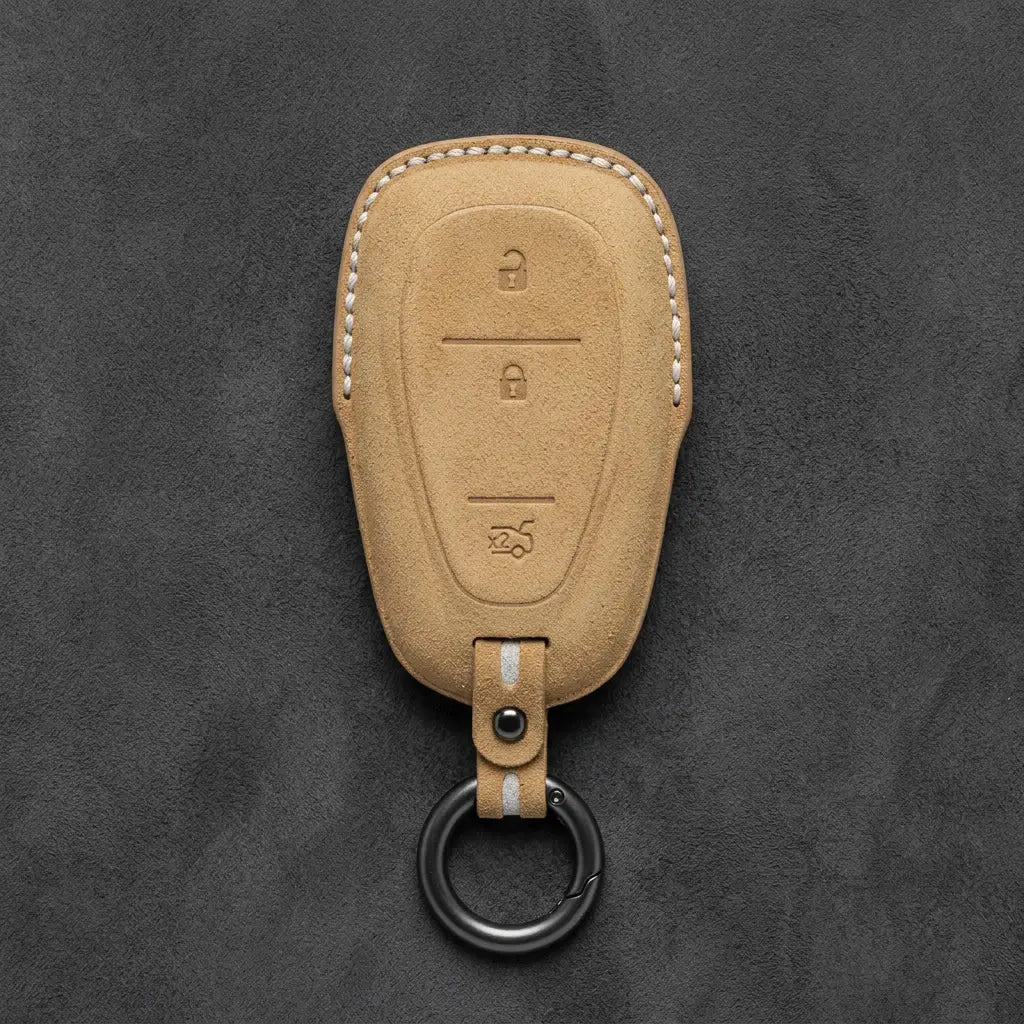 Chevrolet Hand-Stitched Alcantara Key Fob Cover – Chrome Shield 3-Button Tailgate