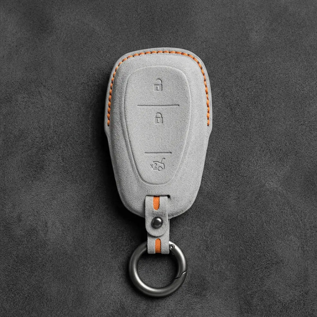 Chevrolet Hand-Stitched Alcantara Key Fob Cover – Chrome Shield 3-Button Tailgate