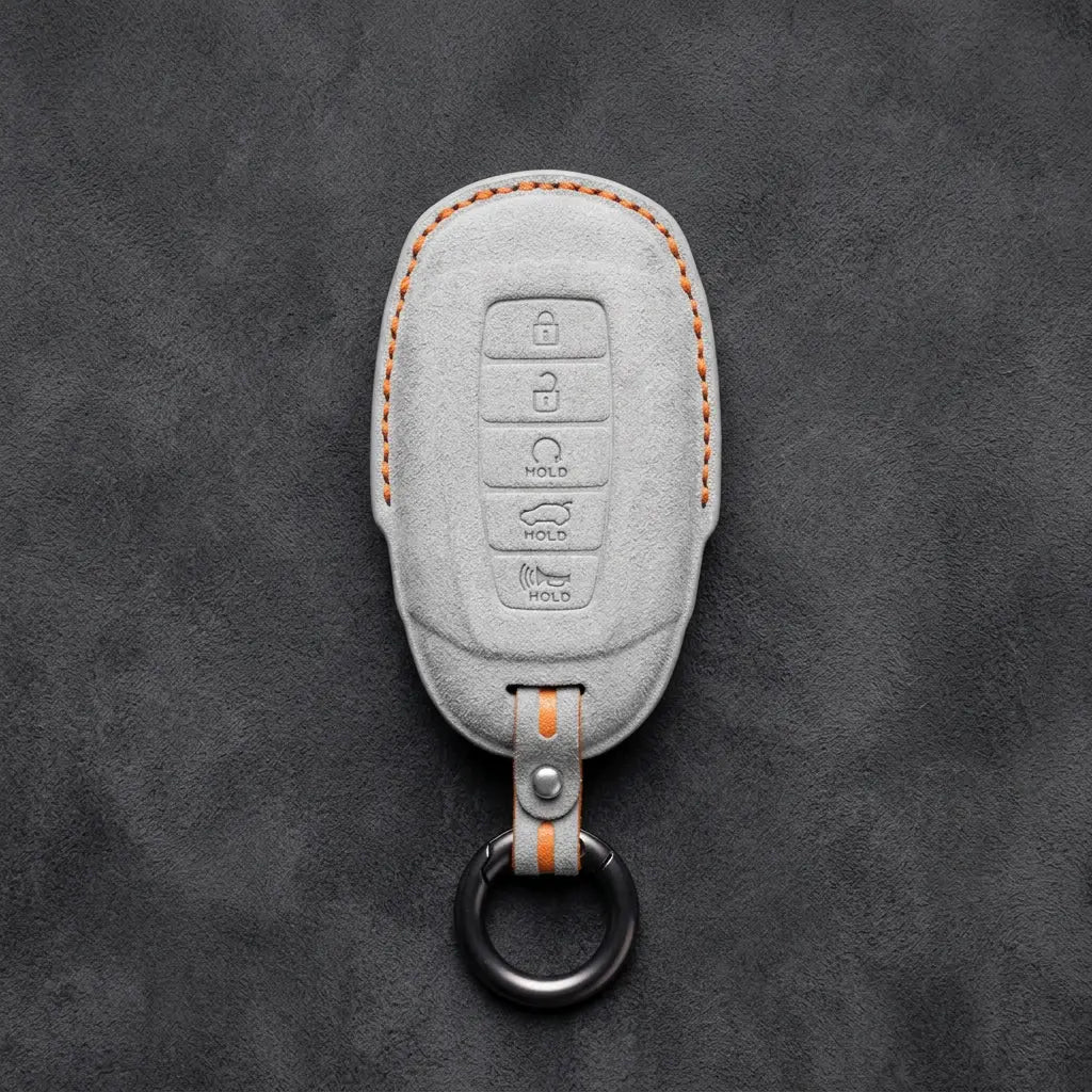 Hyundai Hand-Stitched Alcantara Key Fob Cover – Silver Cap 5-Button