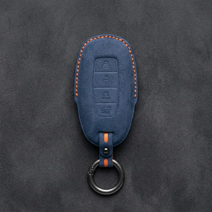 Hyundai Hand-Stitched Alcantara Key Fob Cover – Silver Cap Start & Trunk