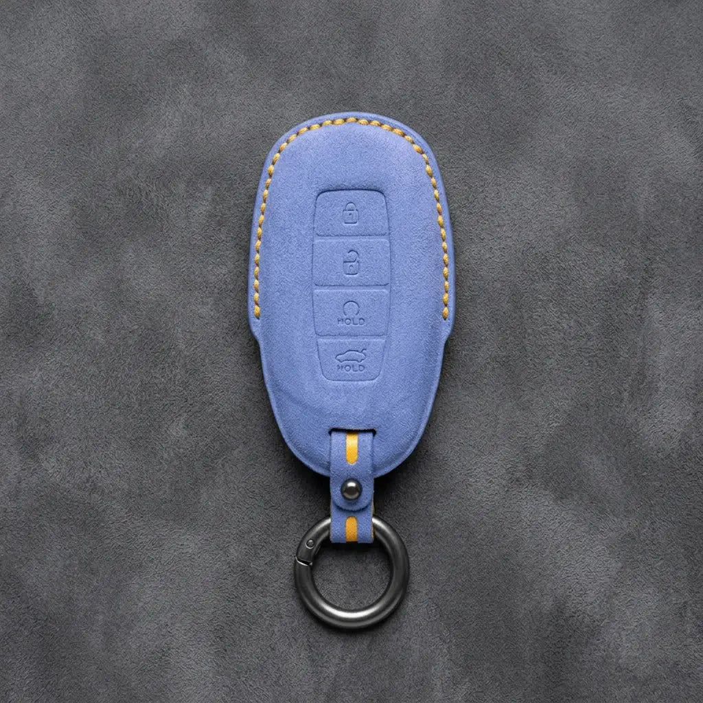 Hyundai Hand-Stitched Alcantara Key Fob Cover – Silver Cap Start & Trunk