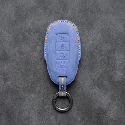 Hyundai Hand-Stitched Alcantara Key Fob Cover – Silver Cap Start & Trunk