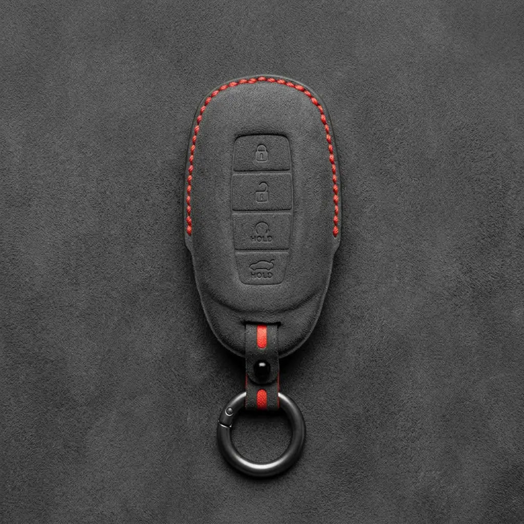 Hyundai Hand-Stitched Alcantara Key Fob Cover – Silver Cap Start & Trunk