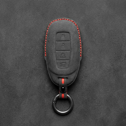 Hyundai Hand-Stitched Alcantara Key Fob Cover – Silver Cap Start & Trunk