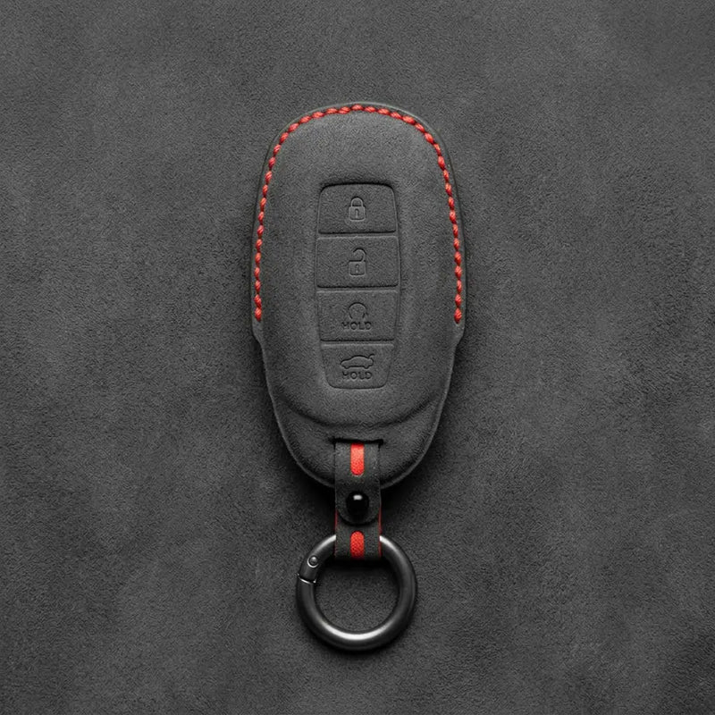 Hyundai Hand-Stitched Alcantara Key Fob Cover – Silver Cap Start & Trunk