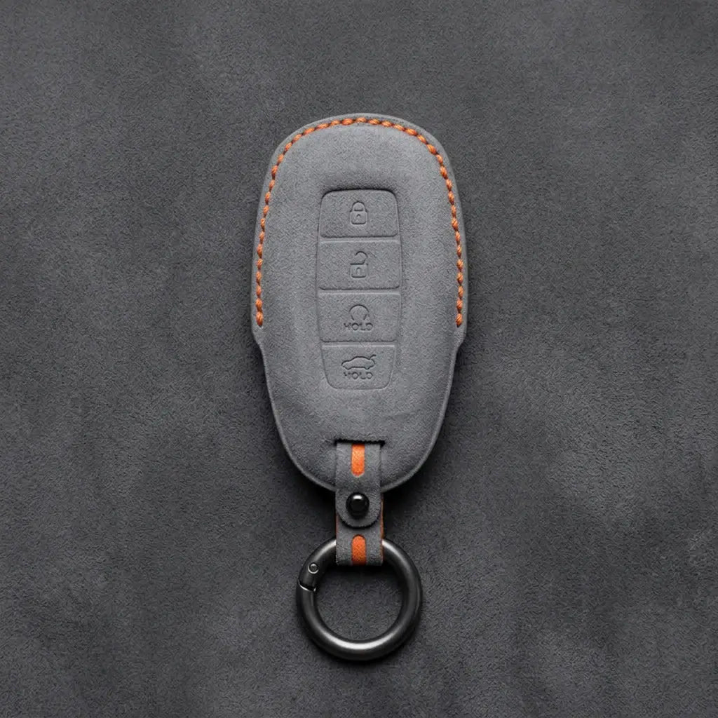 Hyundai Hand-Stitched Alcantara Key Fob Cover – Silver Cap Start & Trunk