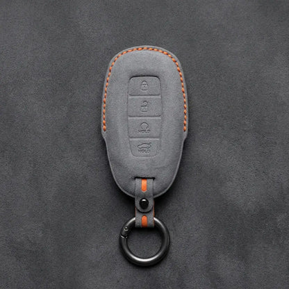 Hyundai Hand-Stitched Alcantara Key Fob Cover – Silver Cap Start & Trunk