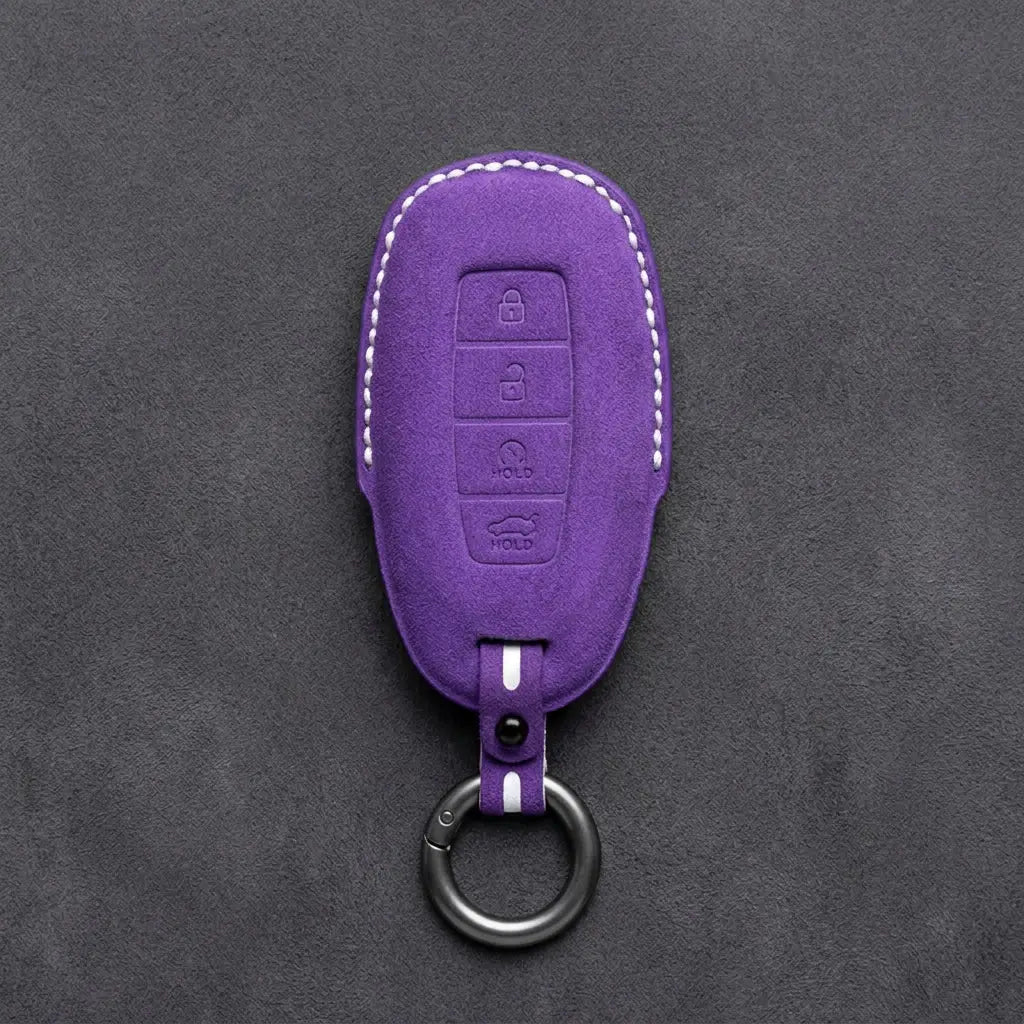 Hyundai Hand-Stitched Alcantara Key Fob Cover – Silver Cap Start & Trunk
