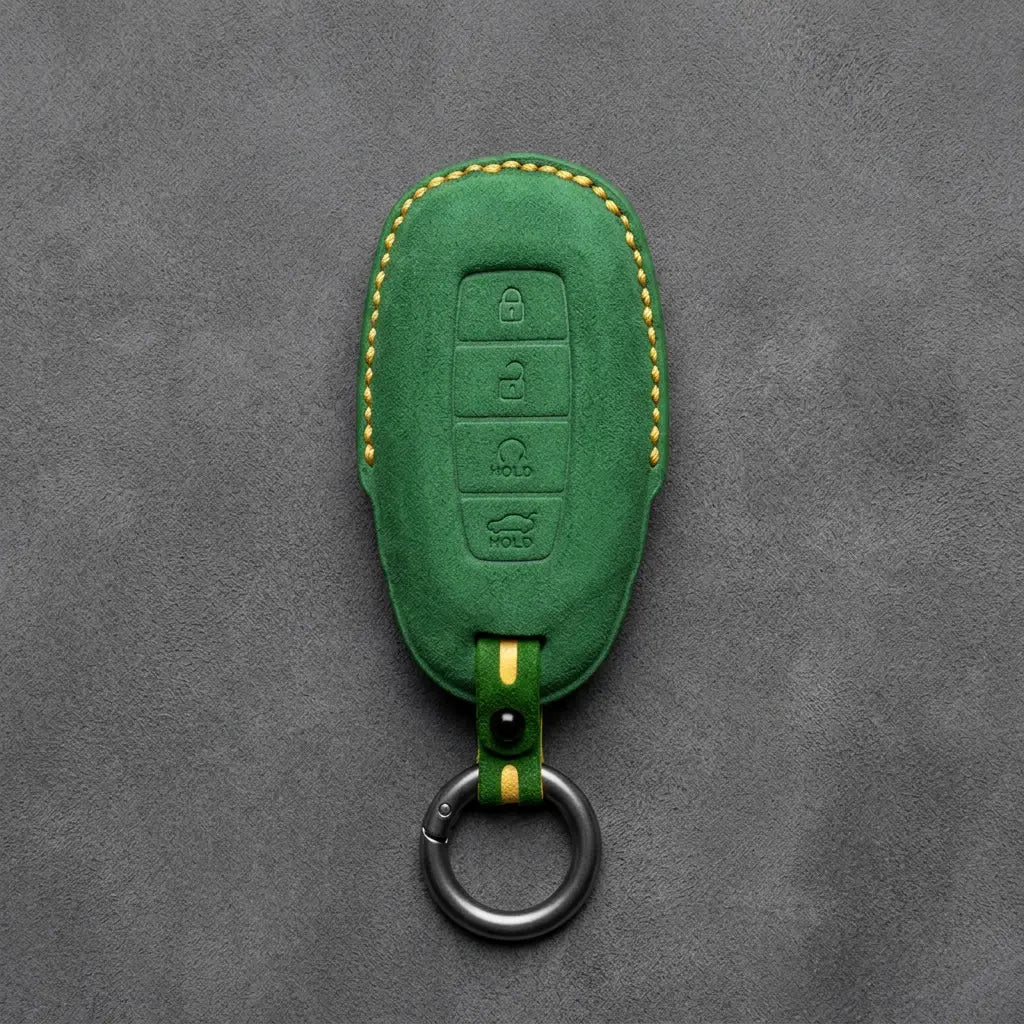 Hyundai Hand-Stitched Alcantara Key Fob Cover – Silver Cap Start & Trunk