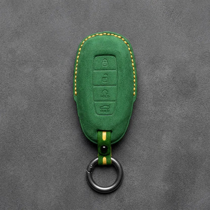 Hyundai Hand-Stitched Alcantara Key Fob Cover – Silver Cap Start & Trunk