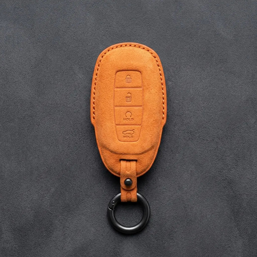 Hyundai Hand-Stitched Alcantara Key Fob Cover – Silver Cap Start & Trunk
