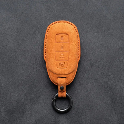 Hyundai Hand-Stitched Alcantara Key Fob Cover – Silver Cap Start & Trunk