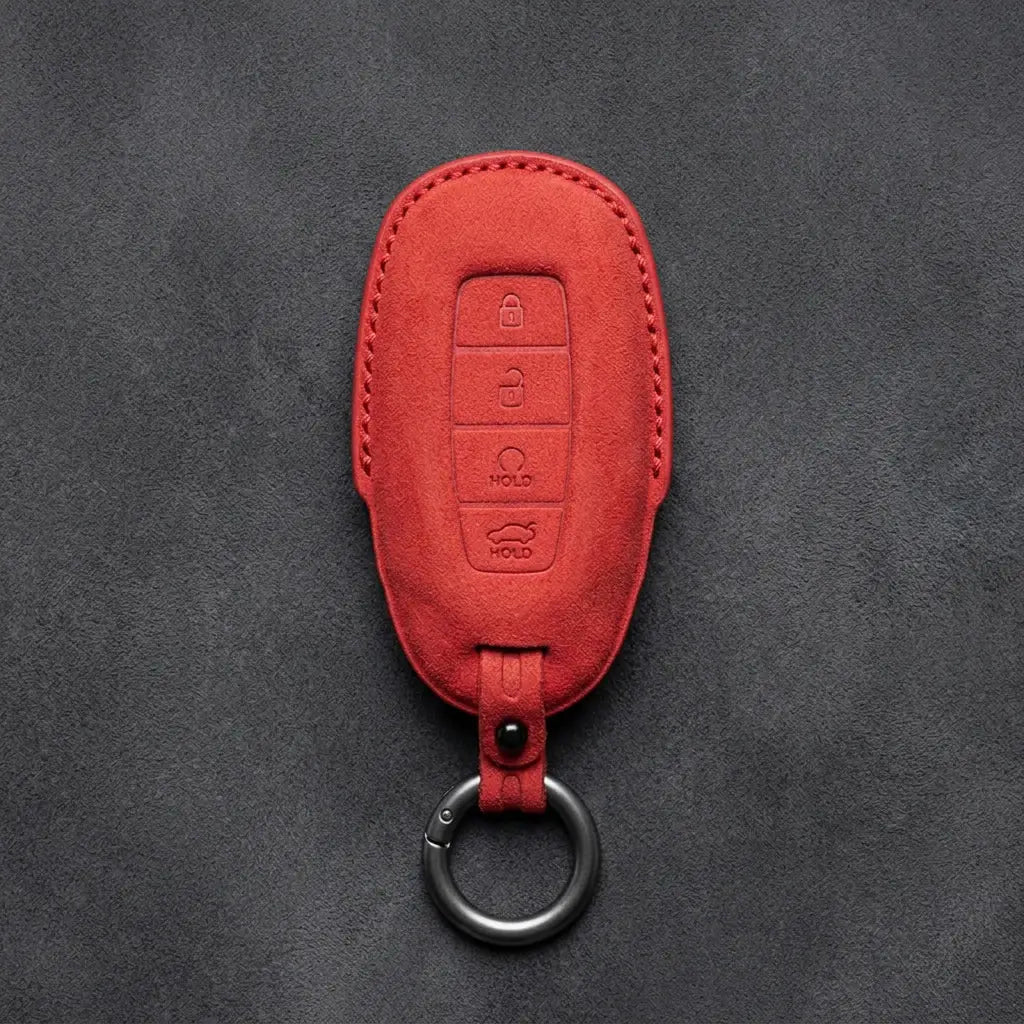 Hyundai Hand-Stitched Alcantara Key Fob Cover – Silver Cap Start & Trunk