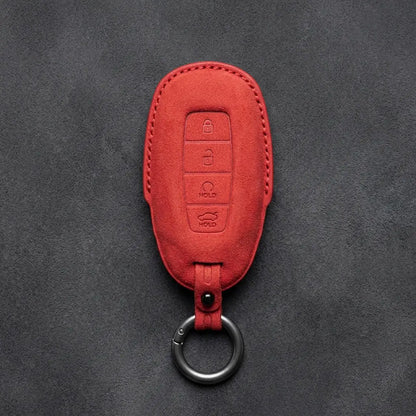 Hyundai Hand-Stitched Alcantara Key Fob Cover – Silver Cap Start & Trunk