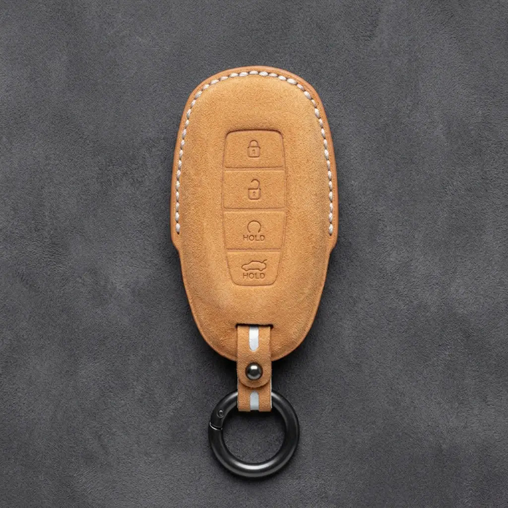 Hyundai Hand-Stitched Alcantara Key Fob Cover – Silver Cap Start & Trunk