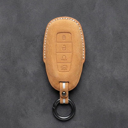 Hyundai Hand-Stitched Alcantara Key Fob Cover – Silver Cap Start & Trunk