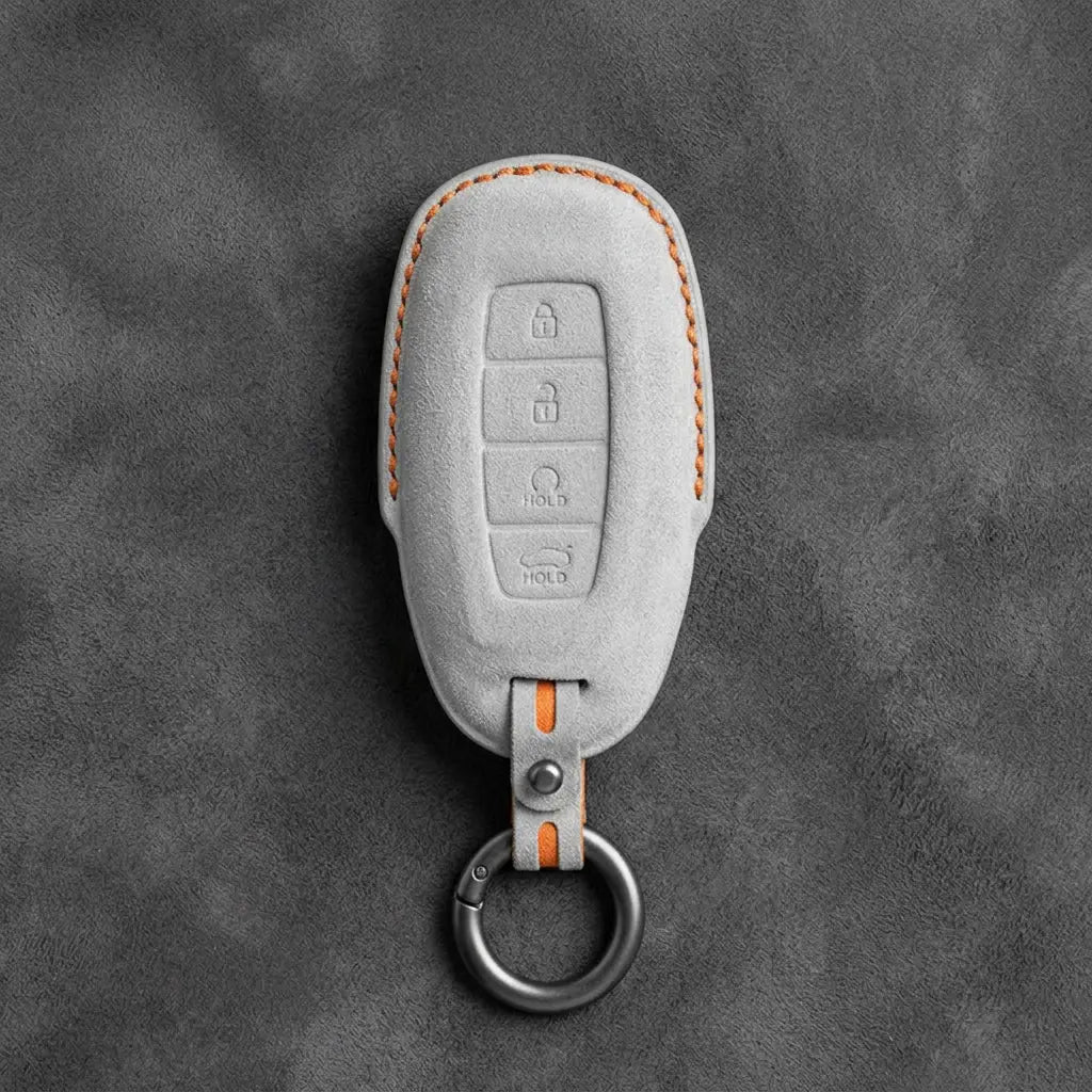 Hyundai Hand-Stitched Alcantara Key Fob Cover – Silver Cap Start & Trunk
