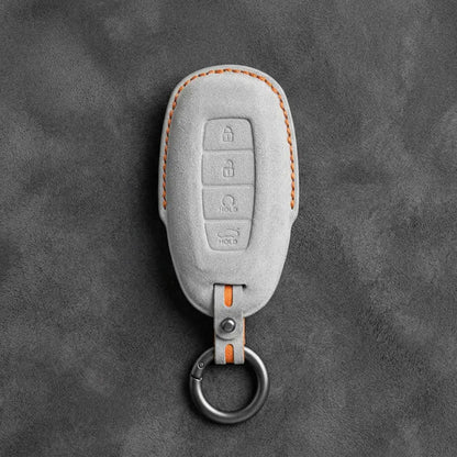 Hyundai Hand-Stitched Alcantara Key Fob Cover – Silver Cap Start & Trunk