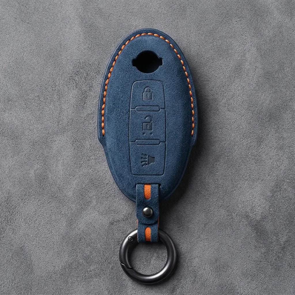 Nissan Hand-Stitched Alcantara Key Fob Cover – Oval 3-Button Panic