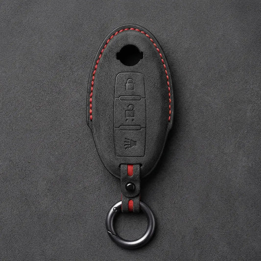 Nissan Hand-Stitched Alcantara Key Fob Cover – Oval 3-Button Panic
