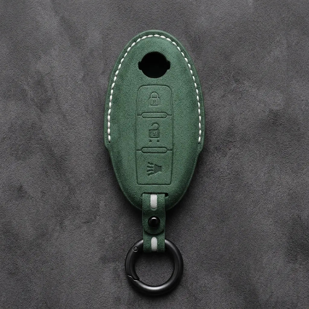 Nissan Hand-Stitched Alcantara Key Fob Cover – Oval 3-Button Panic