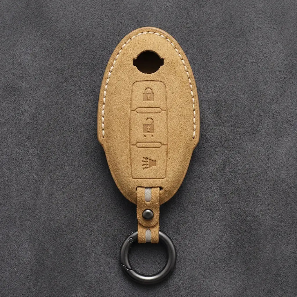 Nissan Hand-Stitched Alcantara Key Fob Cover – Oval 3-Button Panic