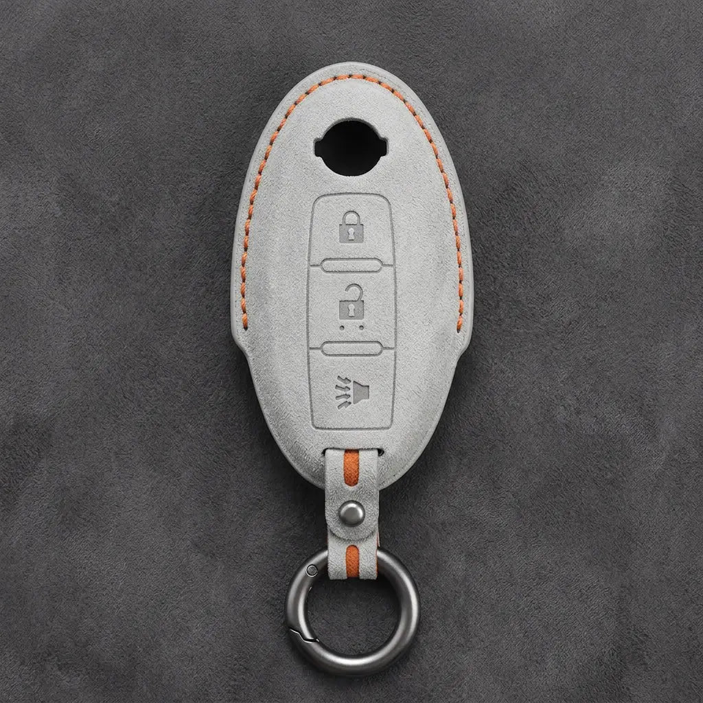 Nissan Hand-Stitched Alcantara Key Fob Cover – Oval 3-Button Panic