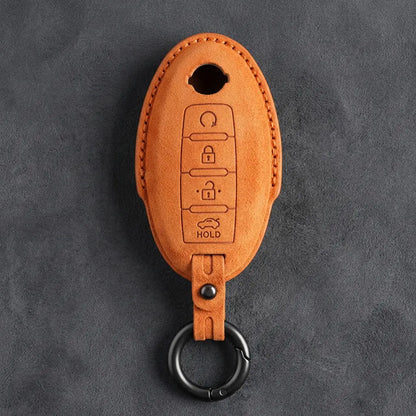 Nissan Hand-Stitched Alcantara Key Fob Cover – Oval 4-Button Remote Start