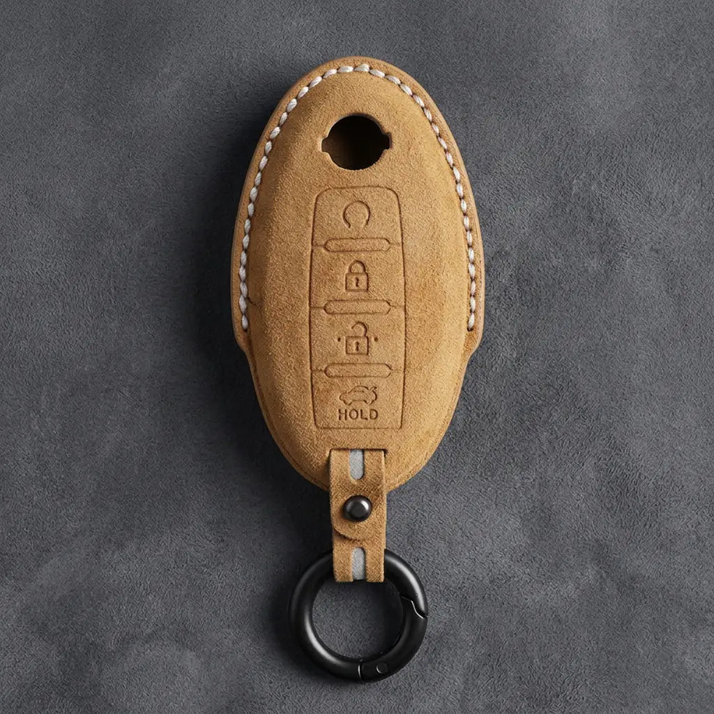 Nissan Hand-Stitched Alcantara Key Fob Cover – Oval 4-Button Remote Start